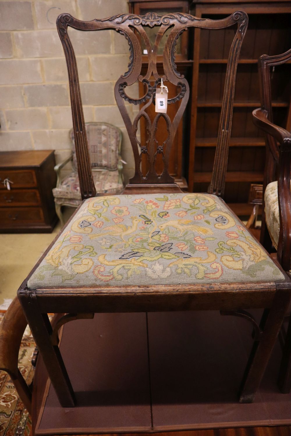 A George III mahogany dining chair together with an inlaid mahogany elbow chair